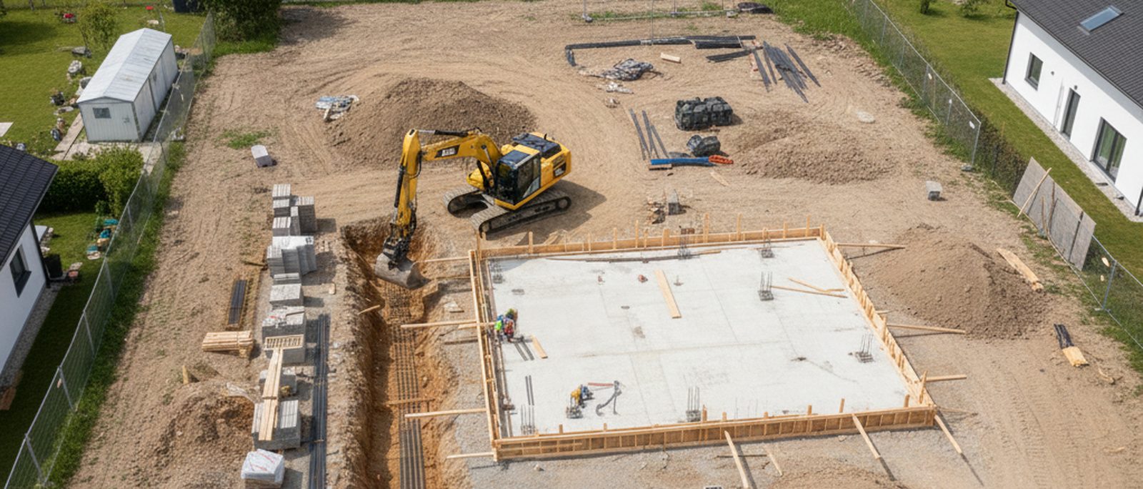 Luftaufnahme einer Baustelle mit Fundament und Bagger